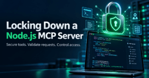Padlock icon floating above a laptop showing server code, illustrating MCP security for a Node.js server