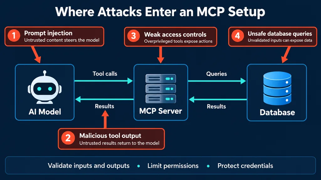 How to Secure MCP Servers With Auth, Tool Permissions and Prompt Injection Defences 3 Diagram of a model, MCP server and database showing MCP security attack points