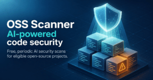OSS Scanner concept: translucent shield above stacked open-source code packages