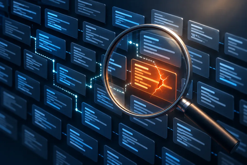 OSS Scanner idea: magnifying lens revealing a cracked block inside a wall of source code