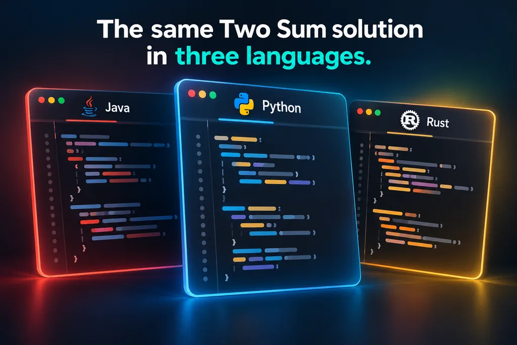 DSA Series Day 1: Two Sum in Java, Python and Rust 5 Two Sum problem solved in Java, Python and Rust shown as three abstract code panels